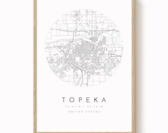 Mapa miasta Topeka, Mapa Topeka, Mapa miasta, Mapa miasta, Wydruk Topeka, Sztuka ścienna, Topeka Kansas, Plakat z mapą, Minimalistyczna mapa, Sztuka mapy, Prezent