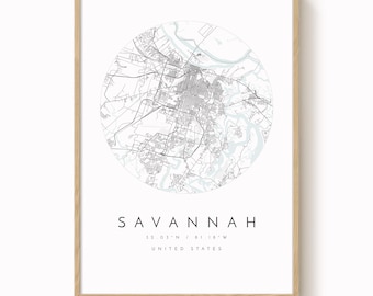Savannah City Map Print: Minimalist Blue Grey Wall Art