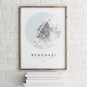 Carte de Benghazi, Benghazi, Libye, carte de la ville, carte de la ville natale, impression de Benghazi, art mural, carte affiche, art de la carte minimaliste, mapologiste, cadeau