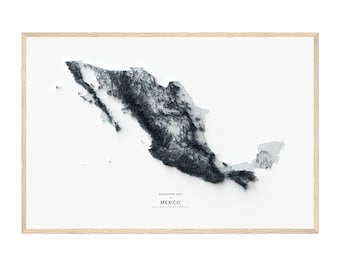 May include: A black and white elevation map of Mexico, showing the country's topography. The map is framed in a light wood frame.