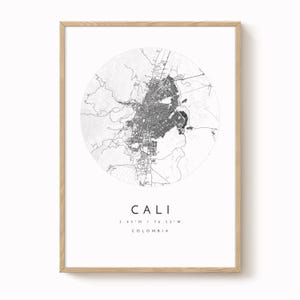 Impresión minimalista del mapa de Cali - Decoración de pared en gris azulado suave