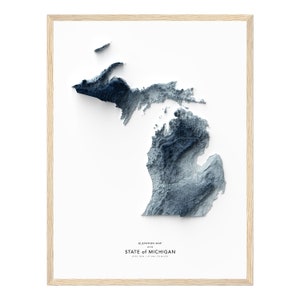 Kaart van Michigan, hoogtekaart afdrukken, kaartillustraties, landschap van Michigan, geologiekunst, topografische kunst, terreinkaart, geologische kaart, kaartkunst