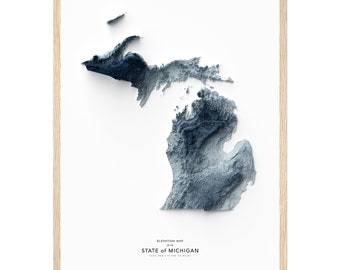 May include: A framed elevation map of the State of Michigan, showing the state's topography in shades of blue. The map is framed in a light wood frame and has the text "Elevation Map of the State of Michigan" and "One Inch = 40 Miles" printed below the map.