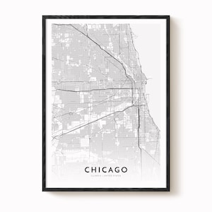 May include: Black framed print of a detailed map of Chicago, Illinois, in a minimalist style. The map is rendered in black and white, showcasing the city's streets and layout. The word "CHICAGO" is centered at the bottom, with "ILLINOIS | UNITED STATES" below it.
