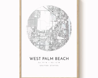 Wydruk mapy miasta West Palm Beach – minimalistyczny wzór w odcieniach niebieskiego i szarości