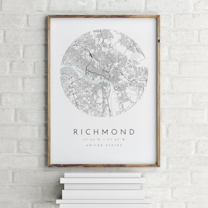 Mapa de Richmond, Richmond, Virginia, mapa de la ciudad, mapa de la ciudad natal, impresión de Richmond, arte de pared, cartel de mapa, arte de mapa minimalista, mapólogo, regalo