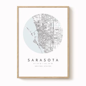 Sarasota Map Print: Minimalist Blue Grey City Wall Art image 1