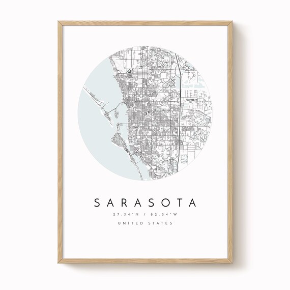 Sarasota Map Print: Minimalist Blue Grey City Wall Art