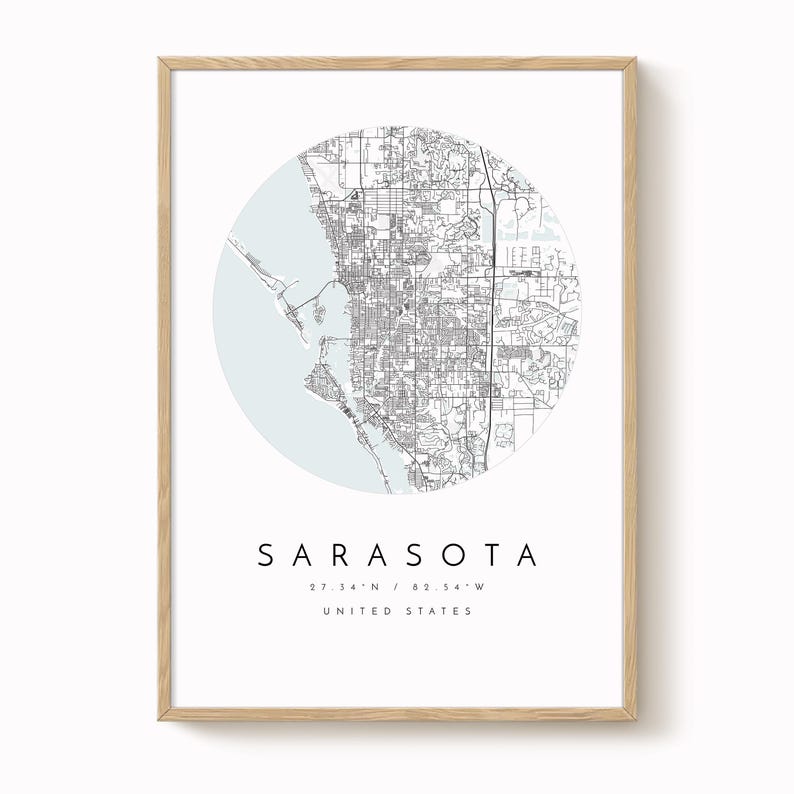 Sarasota Map Print: Minimalist Blue Grey City Wall Art image 1