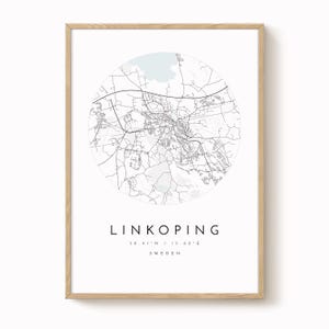 Impresión del mapa de Linköping: arte mural minimalista de ciudad en azul y gris