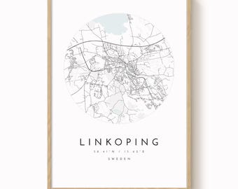 Stampa della mappa di Linkoping: arte murale minimalista blu-grigia della città