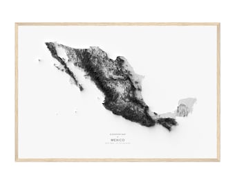 May include: A black and white elevation map of Mexico, showing the country's topography. The map is framed in a light wood frame.