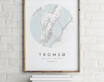 Carte de Tromsø, Tromso, Norvège, carte de la ville, carte de la ville natale, impression de Tromsø, art mural, affiche de la carte, art de la carte minimaliste, mapologiste, cadeau