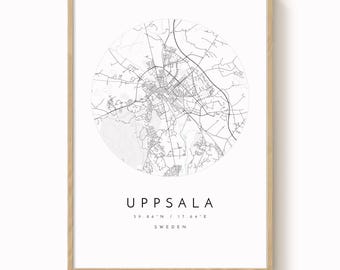 Wydruk mapy miasta Uppsala, Szwecja, minimalistyczny design (różne rozmiary)