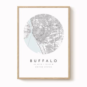 Impresión del mapa de Buffalo, Nueva York, arte mural minimalista (varios tamaños)