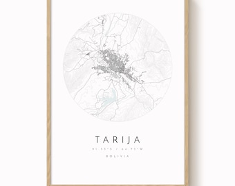 Mapa miasta Tarija, wydruk w minimalistycznym kolorze niebieskim i szarym (różne rozmiary)