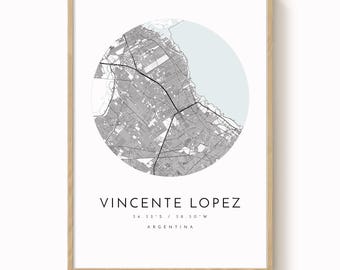 Mapa miasta Vincente Lopez, wydruk, minimalistyczna, niebiesko-szara grafika (różne rozmiary)