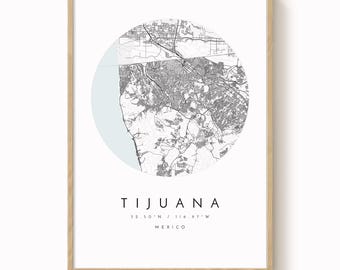 Mapa miasta Tijuana, wydruk w minimalistycznym, niebiesko-szarym kolorze (różne rozmiary)