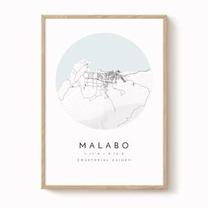 Impresión del mapa de Malabo: arte urbano minimalista (varios tamaños disponibles)