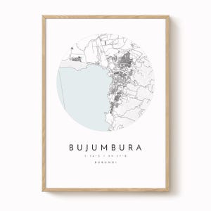 Impression de carte de la ville de Bujumbura, art minimaliste bleu gris (plusieurs tailles)