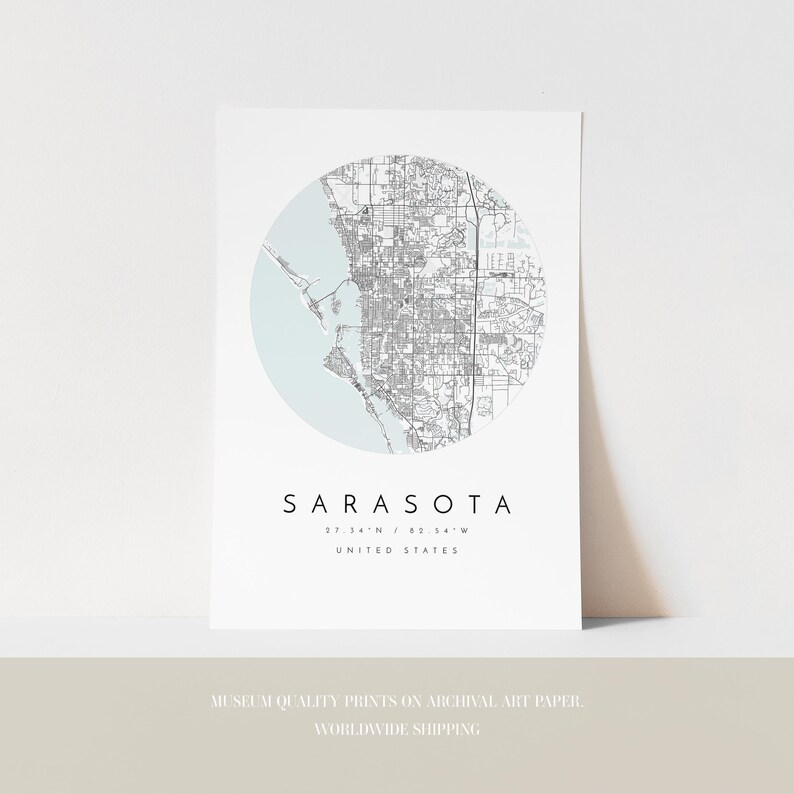 Sarasota Map Print: Minimalist Blue Grey City Wall Art image 3