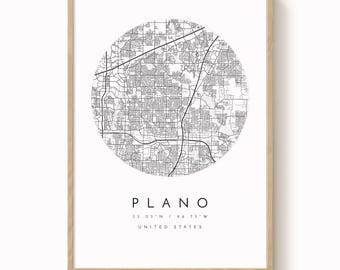 Plano City Map Print: Minimalist Blue and Grey Wall Art