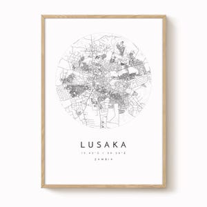Lusaka, Zambia Map Print, Modern Minimalist Wall Art, Lusaka Poster, Urban Map print