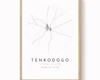 Grafika ścienna Tenkodogo – minimalistyczna mapa miasta w delikatnych odcieniach błękitu