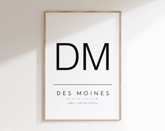 Des Moines,Iowa, Impresión tipográfica, cartel digital, Des Moines IA, arte de pared digital, descargar cartel, arte imprimible, imprimir en casa