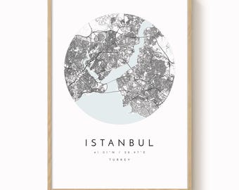 Istanbul City Map Print: Minimalist Blue Grey Wall Art