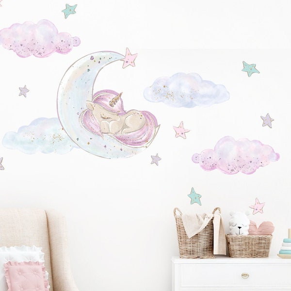 Unicorn Wall Decal Sleeping in the Moon Stars Removable Wallpaper Sticker Unicorn Glitter Baby Nursery Kids Bedroom Wall Art Decoration