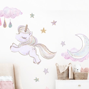 Unicorn Leaping Wall Decal Stars Moon Removable Wallpaper Sticker Unicorn Glitter Baby Nursery Kids Bedroom Wall Art Decoration