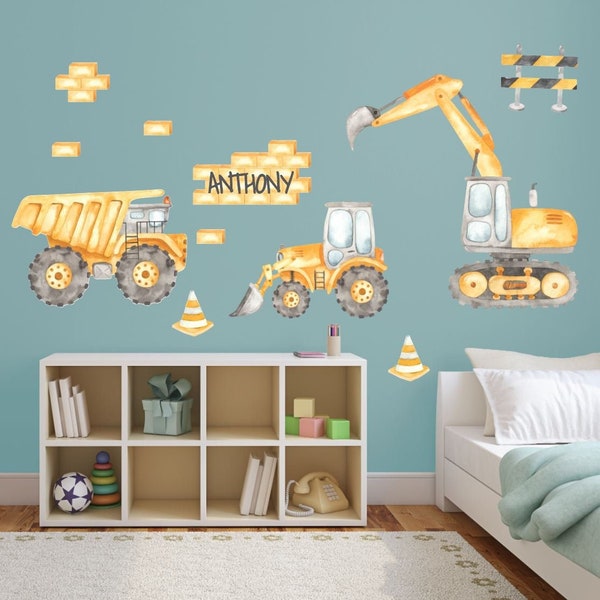 Construction Theme Wall Decals For Boy Room Bulldozer Dump Truck Wall Stickers Custom Name on Brick Wall Nursery Toddler Party Theme