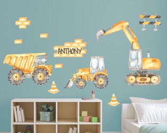 Construction Theme Wall Decals For Boy Room Bulldozer Dump Truck Wall Stickers Custom Name on Brick Wall Nursery Toddler Party Theme