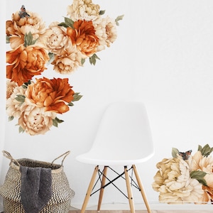 Peonies Wall Decals Large Peony Flower Wall Stickers Floral Wallpaper Orange Ochre Vintage Flower Wall Decals Bedroom Nursery Office Decor