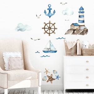 Nautical Wall Decals Watercolor Coastal Wall Stickers Lighthouse, Sailboat, Anchor image 1