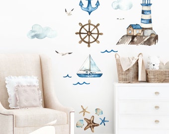 Nautical Wall Decals | Watercolor Coastal Wall Stickers | Lighthouse, Sailboat, Anchor