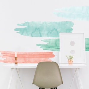 Removable Wall Decals Peel & Stick Reusable Stickers Blue Green Watercolor Ombre Easy No Painting Living Room Dorm Decor Apartment Rental Coral in Caribbean