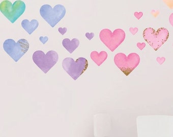 Watercolor Hearts Wall Decals | Rainbow Color Heart Wall Stickers for Valentine's Décor, Girls Room, Playrooms, Daycares, Birthdays