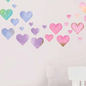 Watercolor Hearts Wall Decals | Rainbow Color Heart Wall Stickers for Valentine&#39;s Décor, Girls Room, Playrooms, Daycares, Birthdays