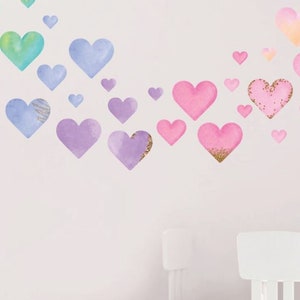 Watercolor Hearts Wall Decals | Rainbow Color Heart Wall Stickers for Valentine's Décor, Girls Room, Playrooms, Daycares, Birthdays