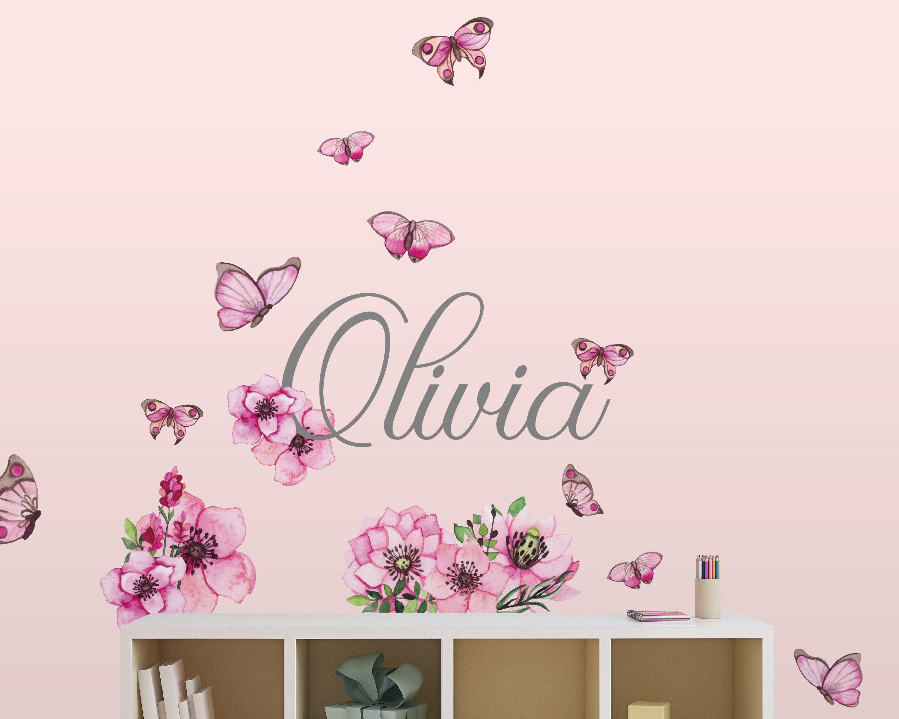 Butterfly Wall Art Removable Wall Decals Nursery Decor Kids Room Vinyl Name  Decal Stickers Flowers Watercolor Pink Girl Bedroom Fabric Mural - Etsy, image size:3000x2400