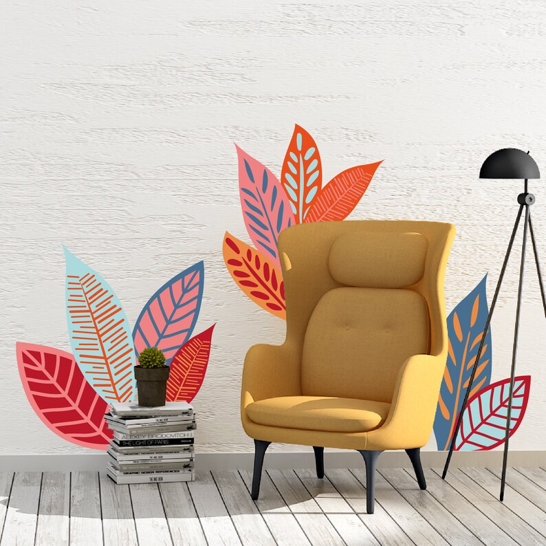 Large Leaf Wall Decals Multicolor Removable Feathers Leaves Etsy