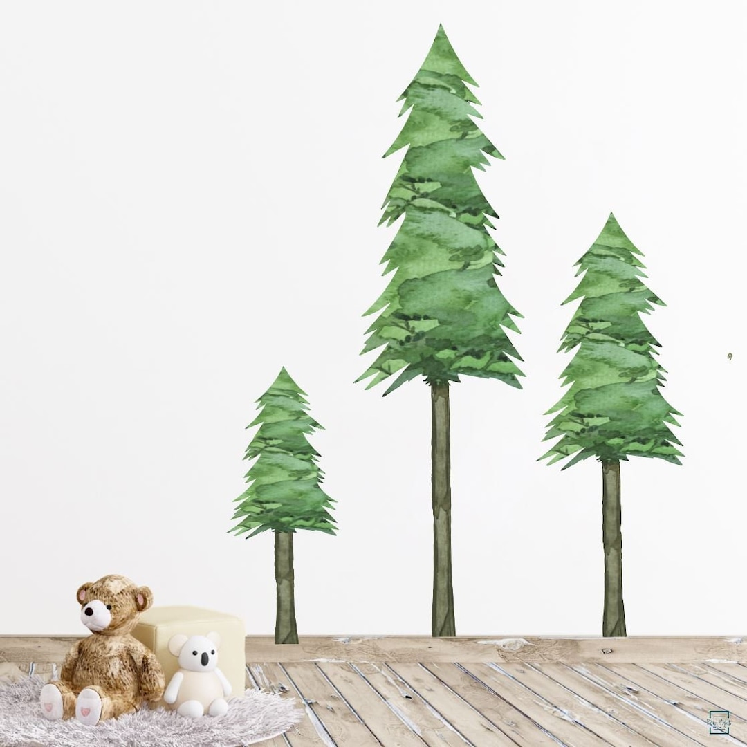 Pine Tree Wall Decals Green Tall Forest Woods Watercolor Wall Stickers ...
