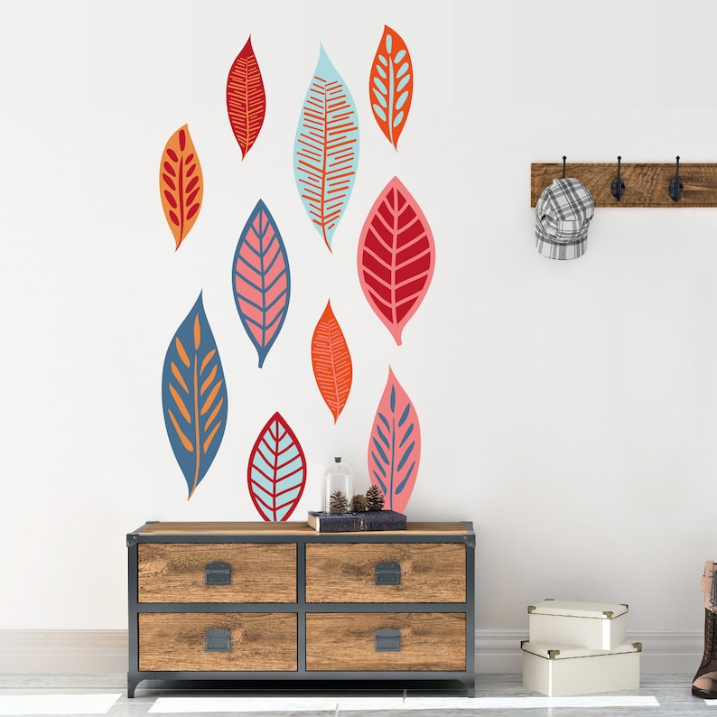 Large Leaf Wall Decals Multicolor Removable Feathers Leaves Etsy