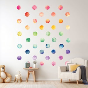 May include: A white wall with a rainbow of watercolor dots. The dots are arranged in a gradient pattern, starting with pink at the top and ending with blue at the bottom. The dots are all different sizes and shapes.