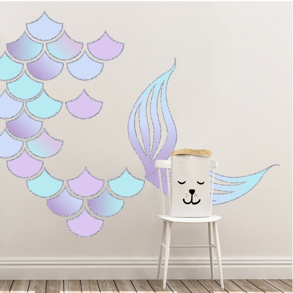 Mermaid Scales Tail Wall Decal Removable Reusable Wallpaper Sticker Fish Scales Kids Bedroom Abstract Wall Art Decoration Personalized Name