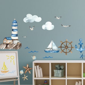 Nautical Wall Decals Watercolor Coastal Wall Stickers Lighthouse, Sailboat, Anchor image 2