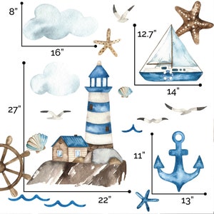 Nautical Wall Decals Watercolor Coastal Wall Stickers Lighthouse, Sailboat, Anchor image 3
