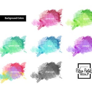 K&ouml;nnte beinhalten: Grafik mit Aquarellfarbmustern in verschiedenen Farben, darunter Pink-Rot, Gr&uuml;n, Blau, Lila und Regenbogen. Jedes Muster ist mit seinem entsprechenden Farbnamen beschriftet. Der Text "Background Colors" steht oben.